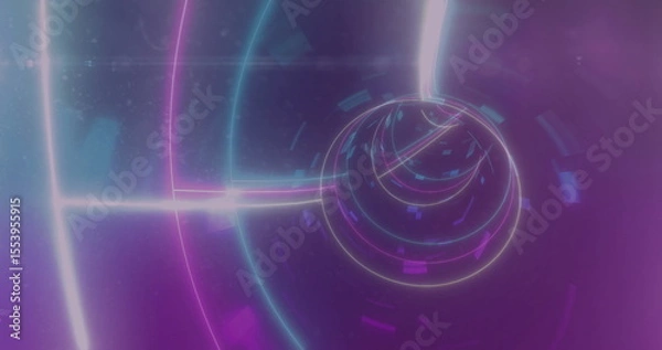 Fototapeta Rotating neon rings swirling tunnel with glowing trails around luminous sphere in virtual space