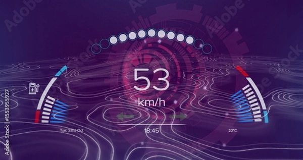 Obraz HUD displaying 53 km or h speed, nodes, battery and temperature gauges, date and time, in purple gri