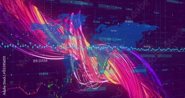 Fototapeta Displaying abstract data ribbons flowing across world map on grid interface, with numeric labels