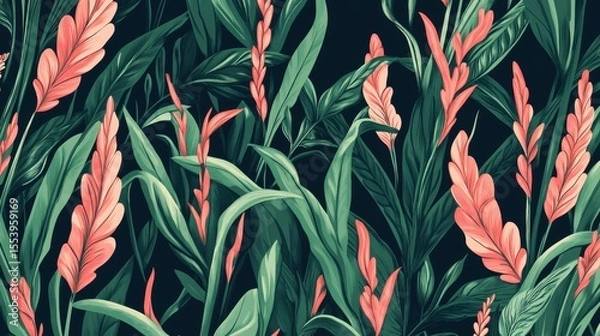 Obraz Tropical floral pattern with deep teal and coral hues.