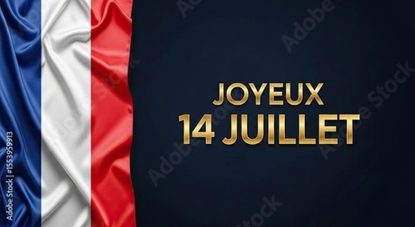 Fototapeta Joyeux 14 Juillet – affiche de félicitations avec le drapeau français sur fond bleu foncé, parfaite pour la Fête nationale en France