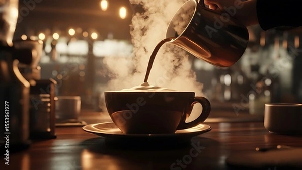 Fototapeta A barista pours steaming hot coffee into a cup on a rustic wooden counter, bathed in the warm, inviting glow of string lights in a cozy cafe setting.