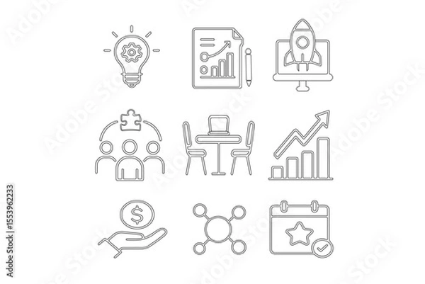 Fototapeta Set of 9 flat minimal business and entrepreneurship icons – startup, teamwork, growth and success.