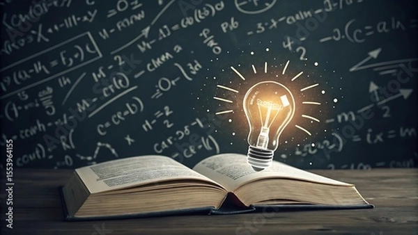 Fototapeta 
Illuminate your mind: a glowing bulb over an open book, symbolizing knowledge and ideas. A blackboard filled with equations serves as the backdrop.