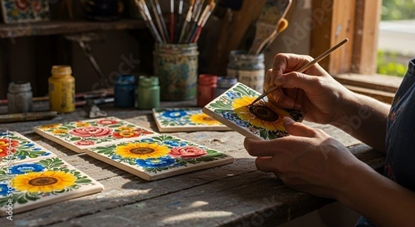 Obraz Sunlit Paints Vibrant Floral Designs on Ceramic Tiles in Rustic Workshop