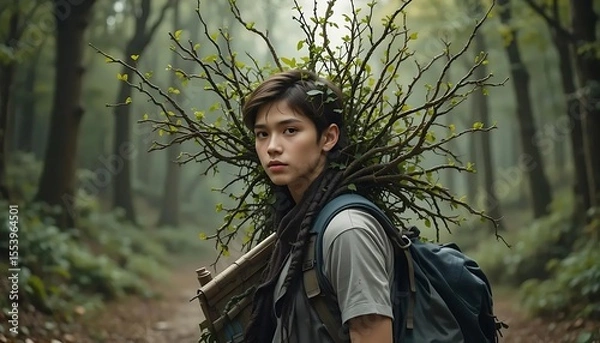 Fototapeta A young person stands amidst a lush forest, carrying a bundle of branches with fresh green leaves on their back, evoking a sense of connection with nature and resourcefulness.
