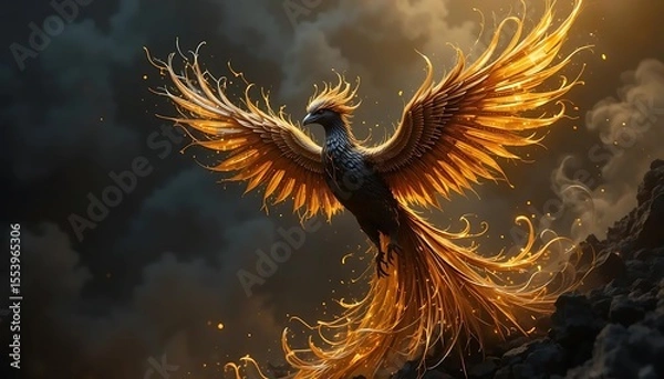 Fototapeta A majestic phoenix, with resplendent golden and fiery wings, soars against a dramatic, cloudy sky, symbolizing rebirth, power, and transformation.