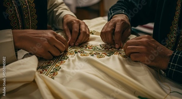 Fototapeta Skilled hands meticulously embroider intricate patterns onto luxurious fabric, a testament to traditional craftsmanship.