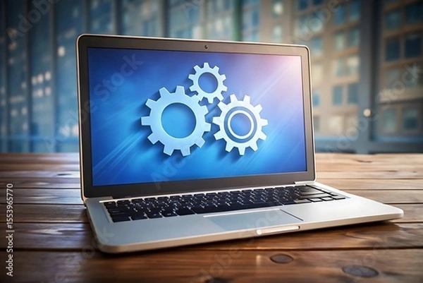 Fototapeta A laptop displaying three blue gears on its screen, set against a blurred background of modern buildings, symbolizing technology, settings, and operational processes.