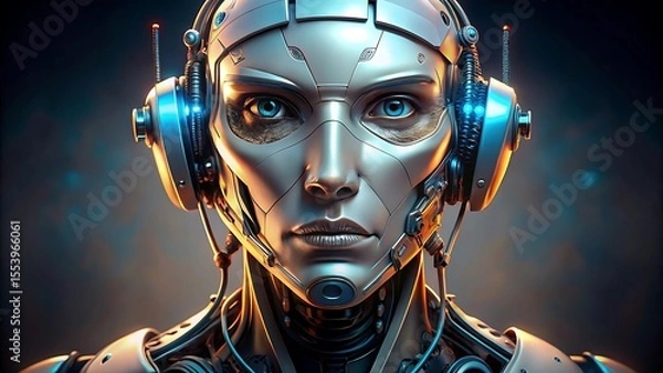Fototapeta A captivating close-up of a futuristic humanoid robot's face with striking blue eyes and intricate metallic details, wearing headphones, embodying advanced AI and technology.