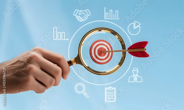 Fototapeta Target focus with magnifying glass and business icons