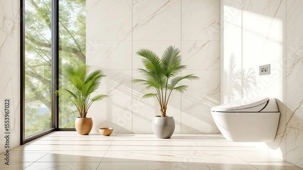 Obraz Modern bathroom interior featuring marble tiles, plants, window view, sunlight, and a minimalist toilet creates a serene atmosphere