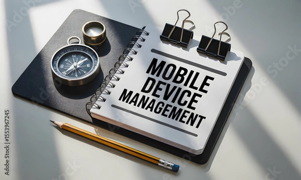 Fototapeta Mobile Device Management Concept with Compass and Notebook