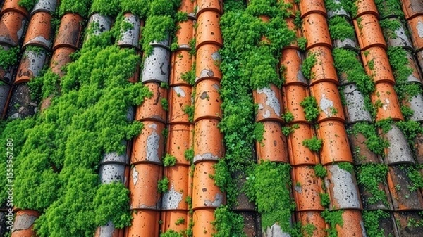 Obraz Orange tiled roof weathered with age displays textured surfaces overgrown with vibrant green flora, symbolizing nature's persistence