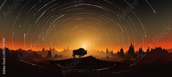 Obraz pop surreal unreal silhouettes spiral towards monster bison, ai generatif