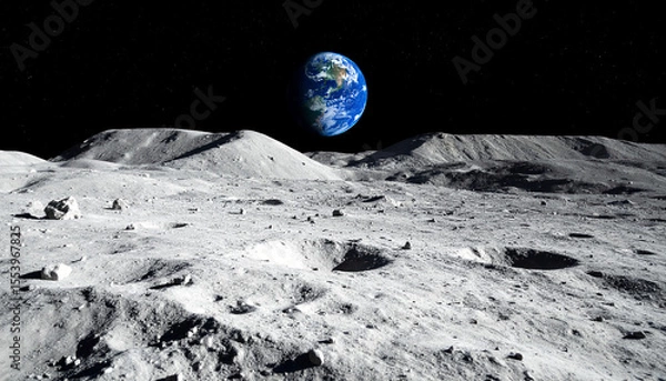 Fototapeta Earthrise viewed from a lunar landscape; grey, cratered surface dominates foreground with Earth a vibrant blue sphere in dark space background