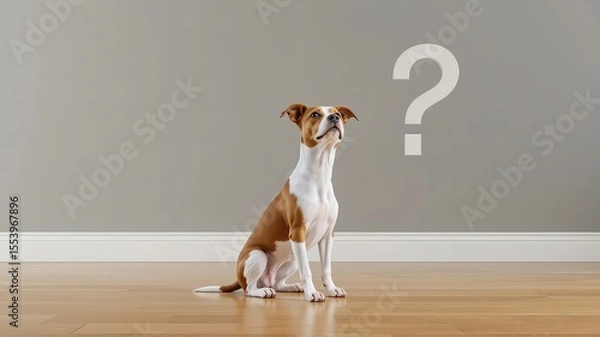 Obraz Dog with Curious Expression Sits Patiently Before a Question Mark, Seeking Answers in a Minimalist Setting