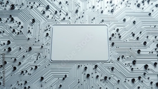 Obraz Sleek modern motherboard design showcases integrated circuitry with a blank central panel ready for customized text or logo placement
