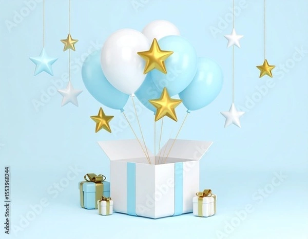 Obraz 선물 상자에서 풍선과 별이 나오는 서프라이즈 3D 일러스트 Surprise Gift Box with Balloons and Stars - 3D Illustration