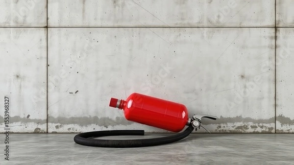 Obraz Red cylinder safety equipment laying on floor, suggesting emergency preparedness with a gray wall background.