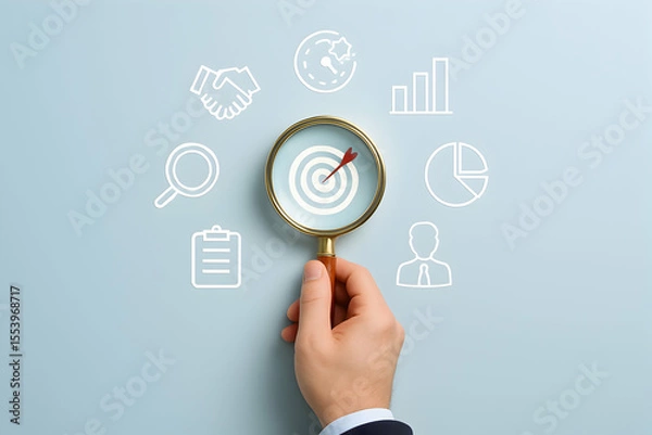 Fototapeta Business target focus with magnifying glass and icons
