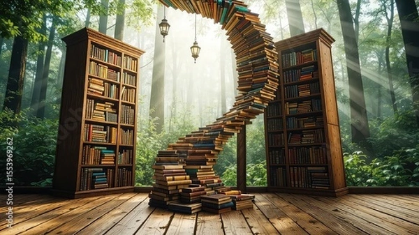 Obraz Stairway of Knowledge An Archway of Books Leads Towards Enlightenment Surrounded by Towering Bookshelves in a Verdant Forest