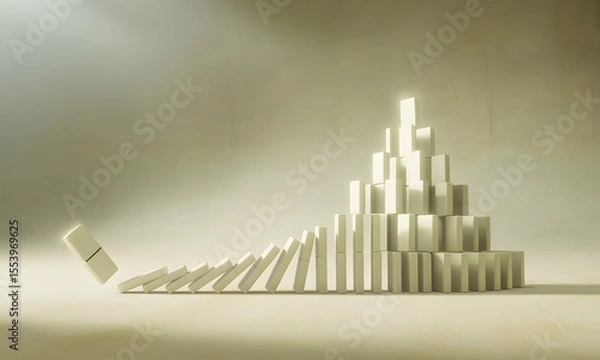 Fototapeta Domino effect: a cascading chain reaction of falling blocks