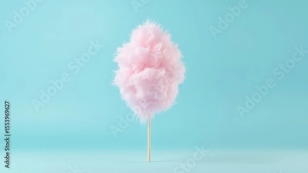 Obraz Pink cotton candy floss on a wooden stick against a simple soft blue background evokes a sense of sweetness and childhood memories