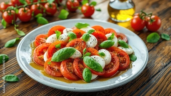 Obraz Plate of sliced red tomatoes and white cheese balls with basil leaves on a dark wooden surface provides a colorful and appealing view