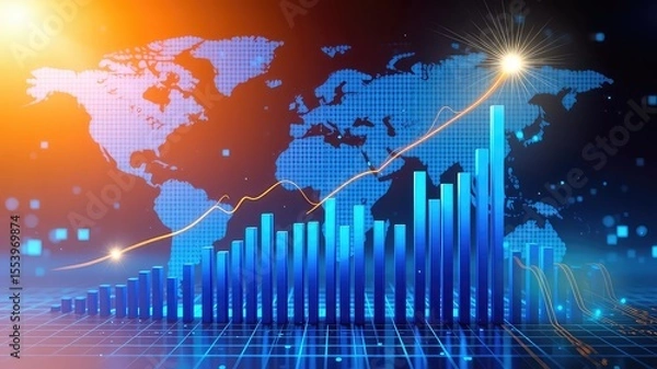 Obraz Growing financial markets across a structured global landscape, visualizing investment growth through data and projections across a digital world map