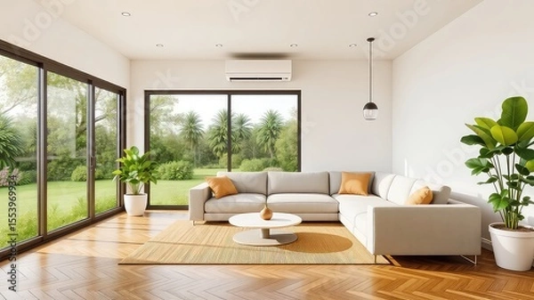 Obraz Sunlight streams into a pristine living room, offering a view of lush greenery and providing a sense of comfortable elegance