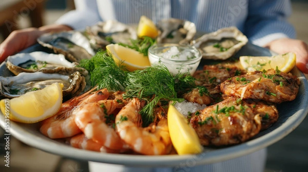 Obraz Seafood platter with oysters, shrimp, and lemon wedges