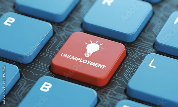 Fototapeta Unemployment concept on a keyboard with a lightbulb illustration