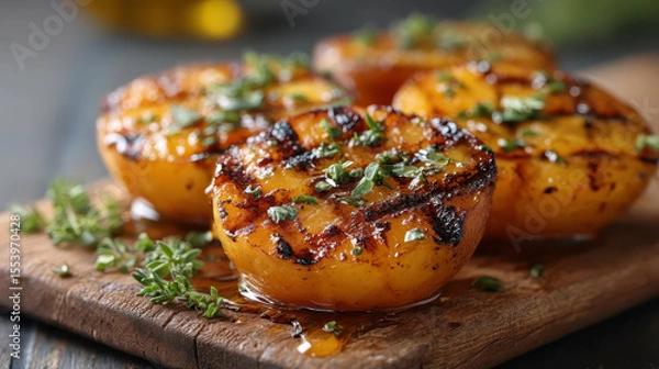 Obraz Caramelized grilled peaches with herbs and seasoning