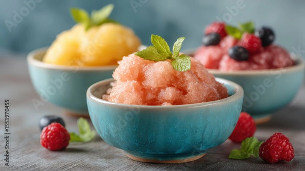 Obraz Assorted fruit sorbet in turquoise bowls with raspberries
