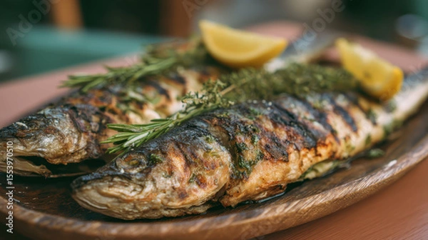 Obraz Chargrilled whole fish served with lemon slices and herbs