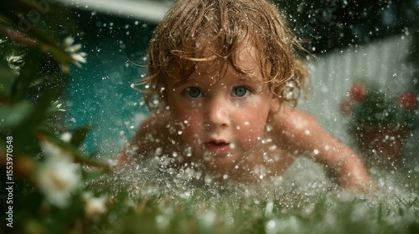 Obraz Boy splashing in water outdoors with playful expression