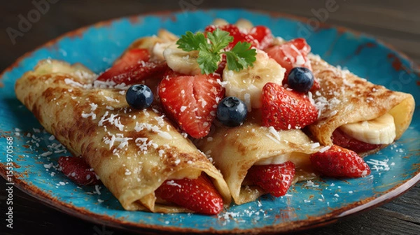 Obraz Crepes topped with fresh strawberries and powdered sugar