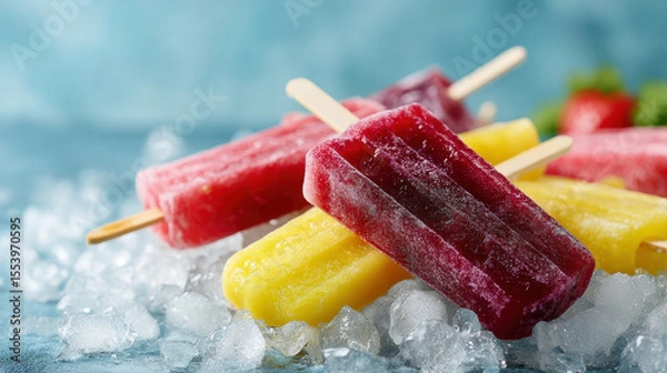 Obraz Colorful fruit popsicles on ice, summer treat display