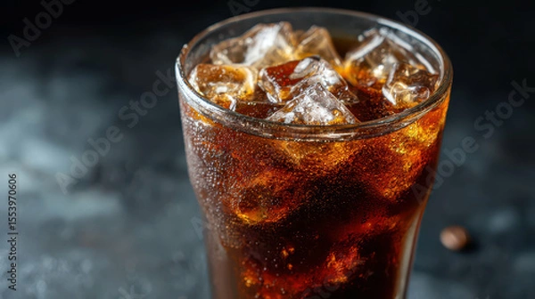 Obraz Glass of iced cola with condensation on black background
