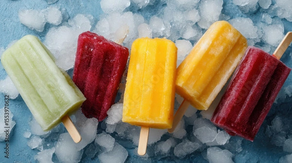 Obraz Four colorful frozen fruit popsicles on ice