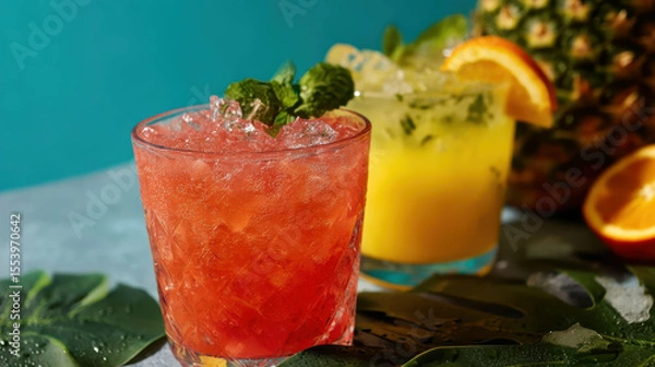 Obraz Refreshing cocktails with citrus and mint on tropical backdrop