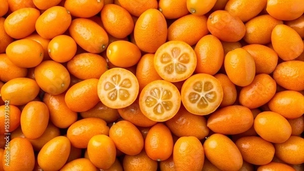 Obraz Pile of fresh kumquats background. Suitable for marketing or business purposes. Panoramic banner with place for text