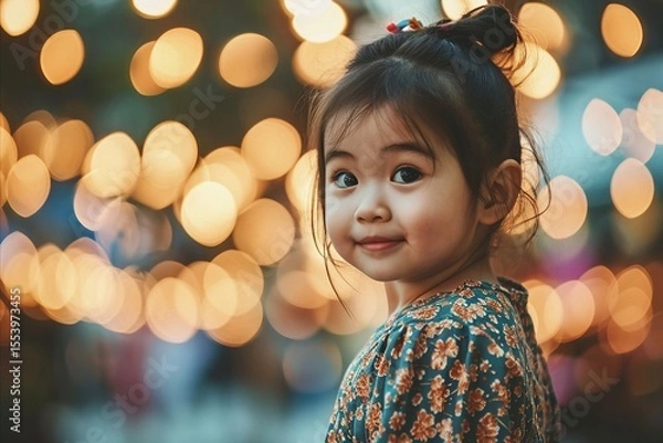 Fototapeta Little asian girl smiling with bokeh light background, vintage tone