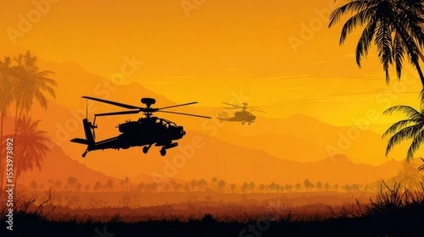 Fototapeta Silhouette of a helicopter over a tropical landscape at sunset.