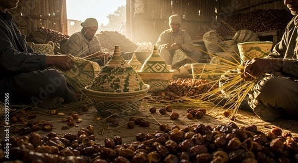 Fototapeta Golden Hour Craftsmanship: Moroccan Artisans Weave Date Palm Baskets