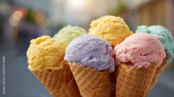 Obraz Pastel Colored Ice Cream Cones in Soft Focus