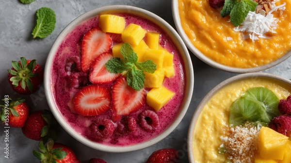 Obraz Assorted Smoothie Bowls with Fresh Fruit Toppings