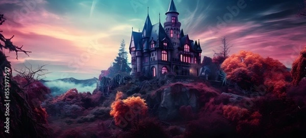 Obraz A haunted gothic mansion perched on a wind-swept hill, ai generatif