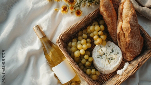 Obraz Gourmet Cheese Board with Wine and Grapes